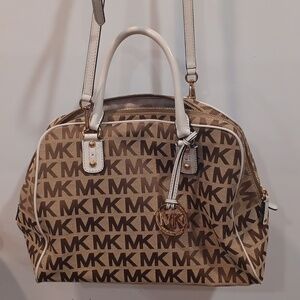 Michael Kors Signature Large Satchel Tan White Leather
